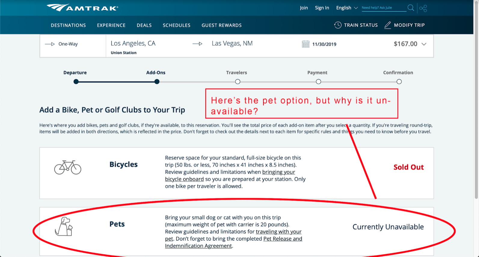 Amtrak component 1 pets page critique