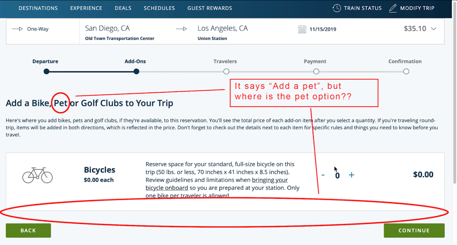 Amtrak component 1 no pet option critique