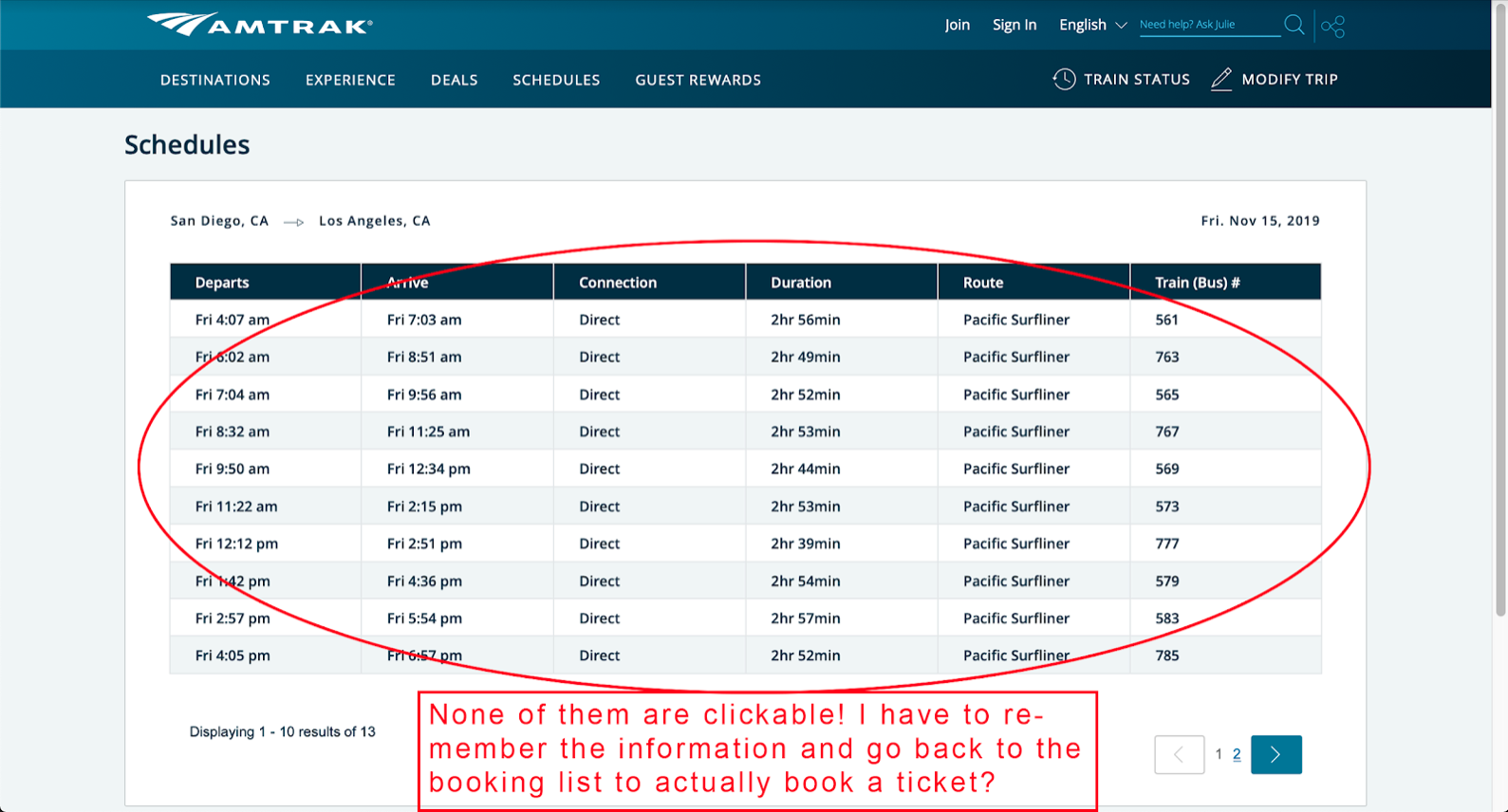 Amtrak component 2 schedule critique