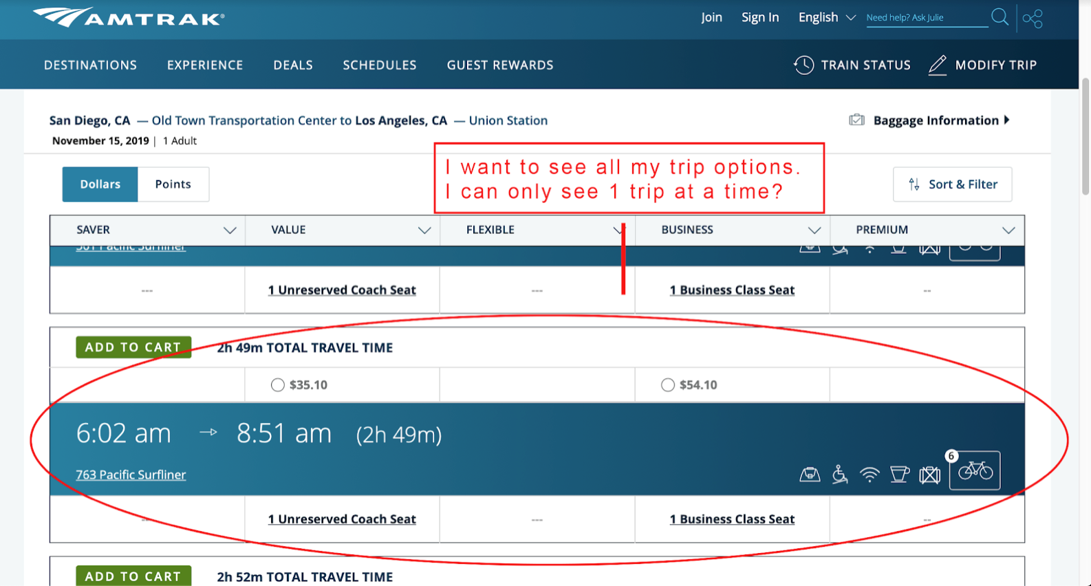 Amtrak component 2 trip option spacing critique