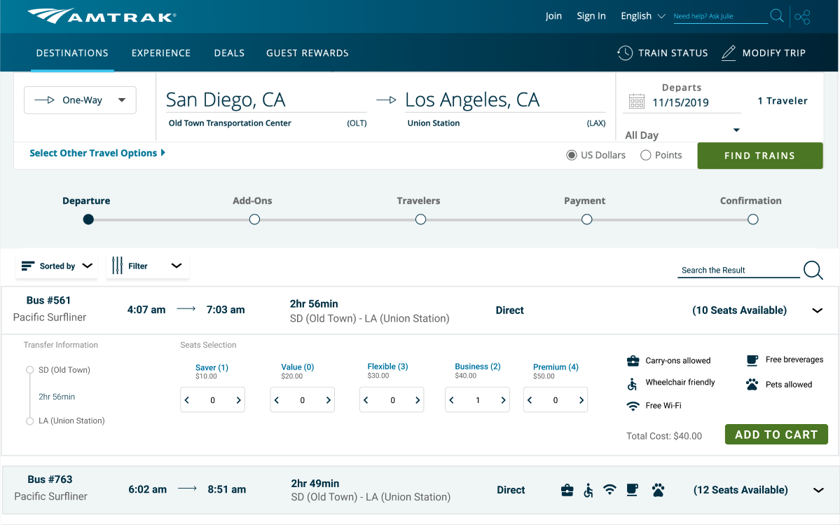 Amtrak redesign 2 of expanded trip options/scheduling with better iconography and information