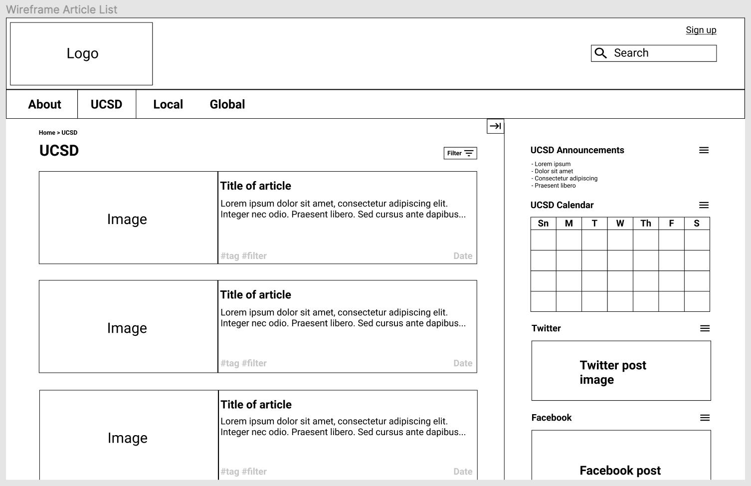 Article list redesign wireframe