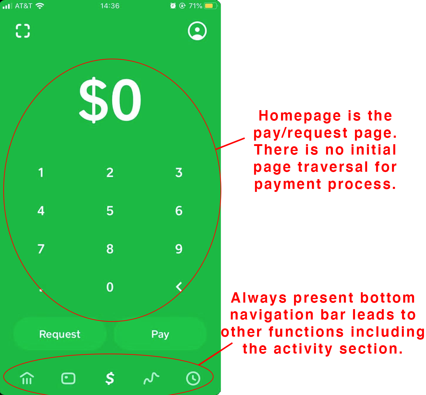 Comparison of how Cash App has transfer features active as homepage