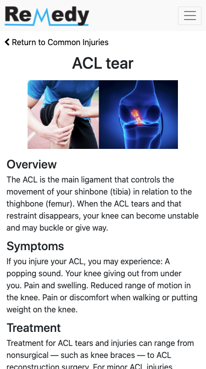 Prototype injury information page