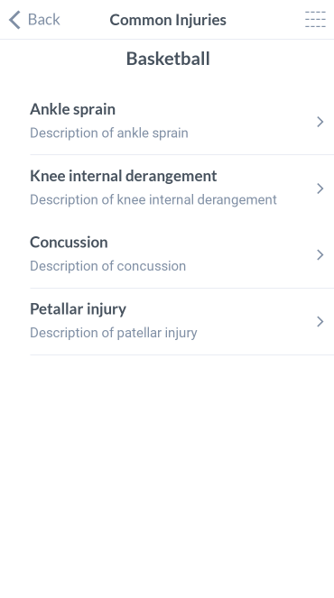 Paper prototype/wireframe of common injuries based on sport