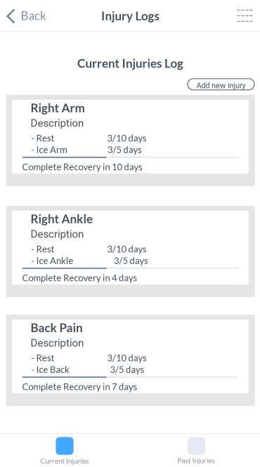 Redesigned current injuries log page wireframe using individual boxing