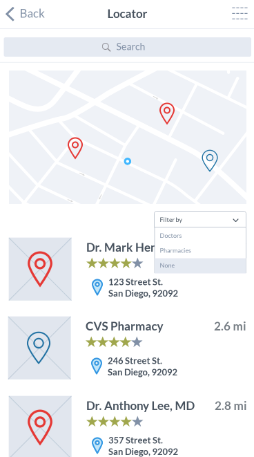 Paper prototype/wireframe of map locator page